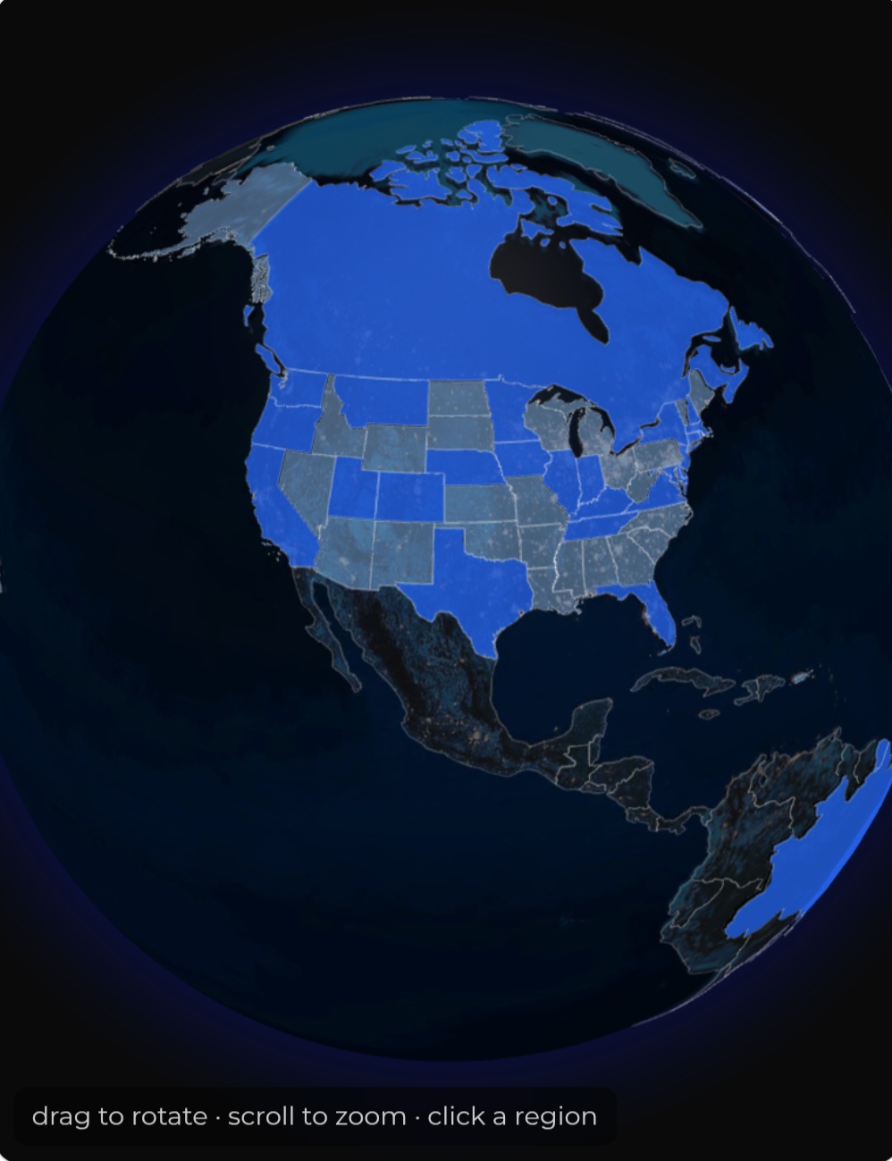 Interactive 3D Privacy Globe visualization showing North America with US states and Canada highlighted in blue according to privacy compliance regulations