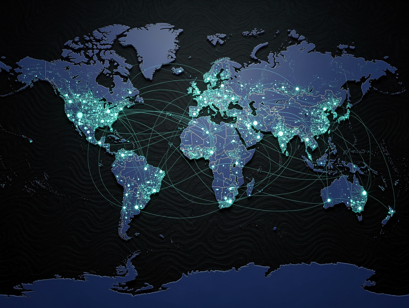 Glowing global network map with light trails between cities