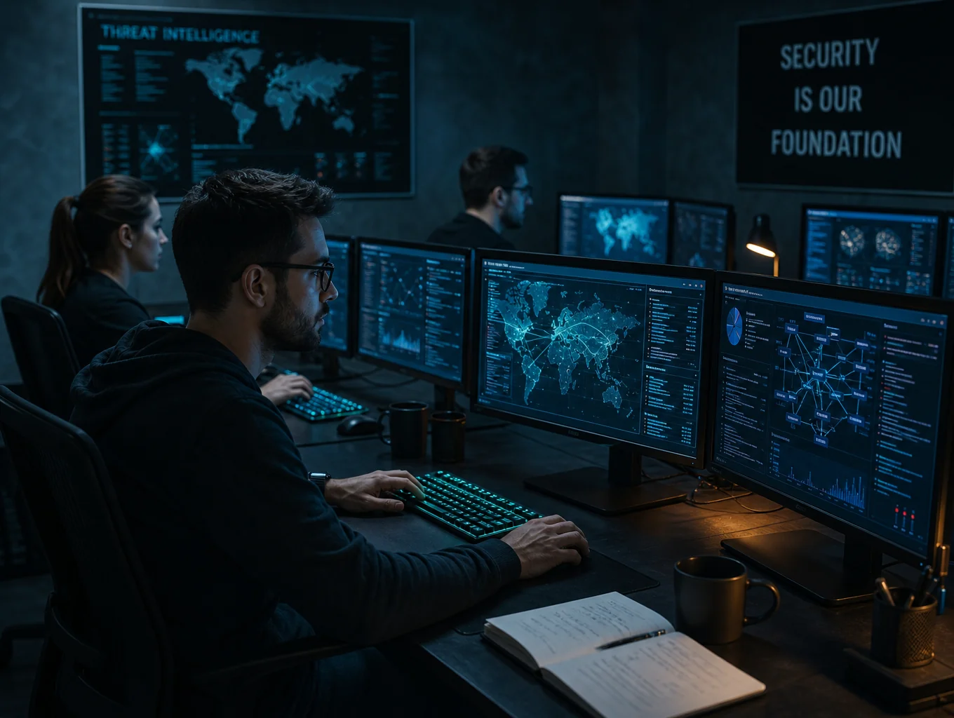 Cybersecurity analyst reviewing privacy compliance on digital globe map