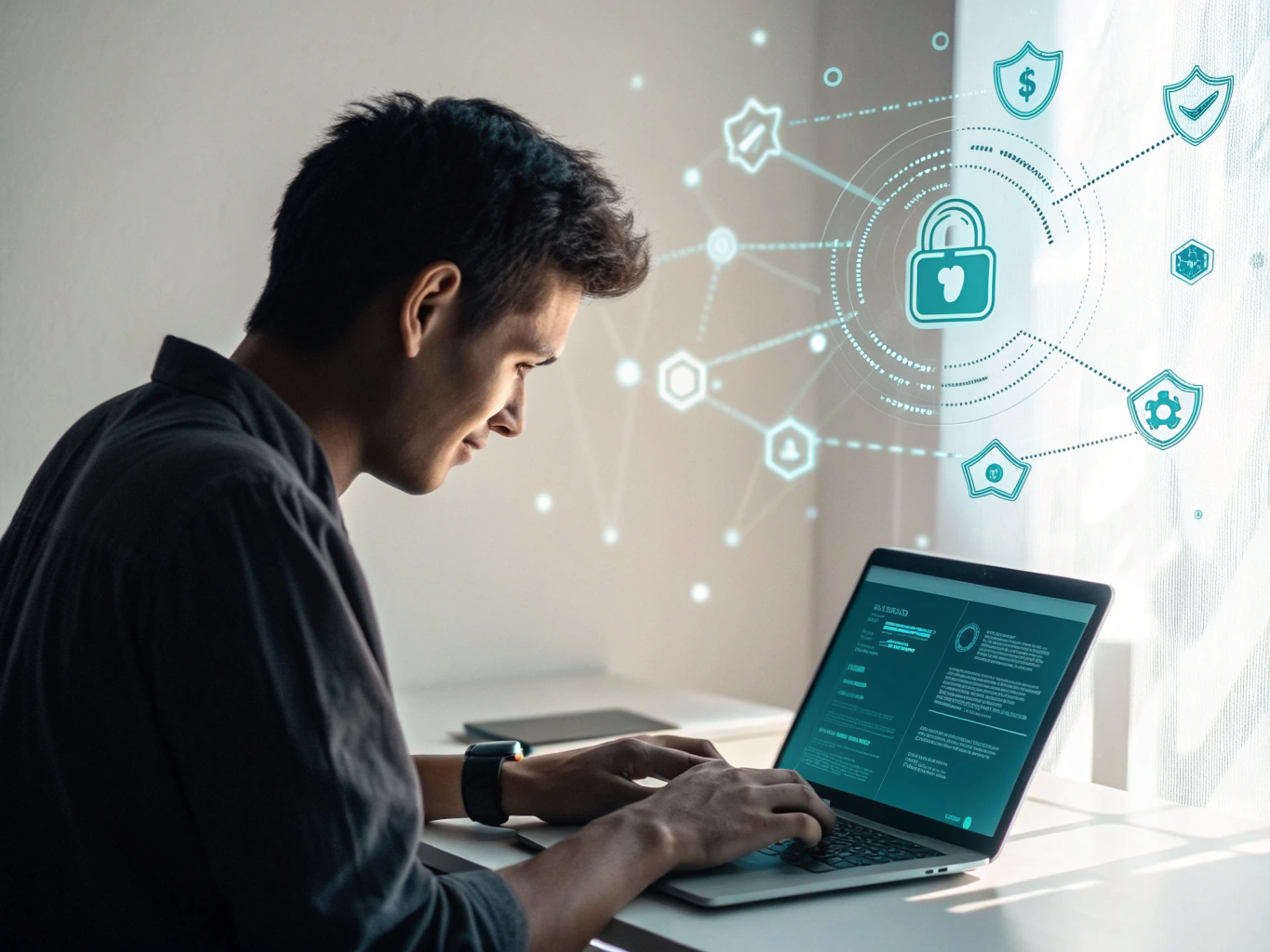 Remote professional working securely in a public setting shielded by CySkor
