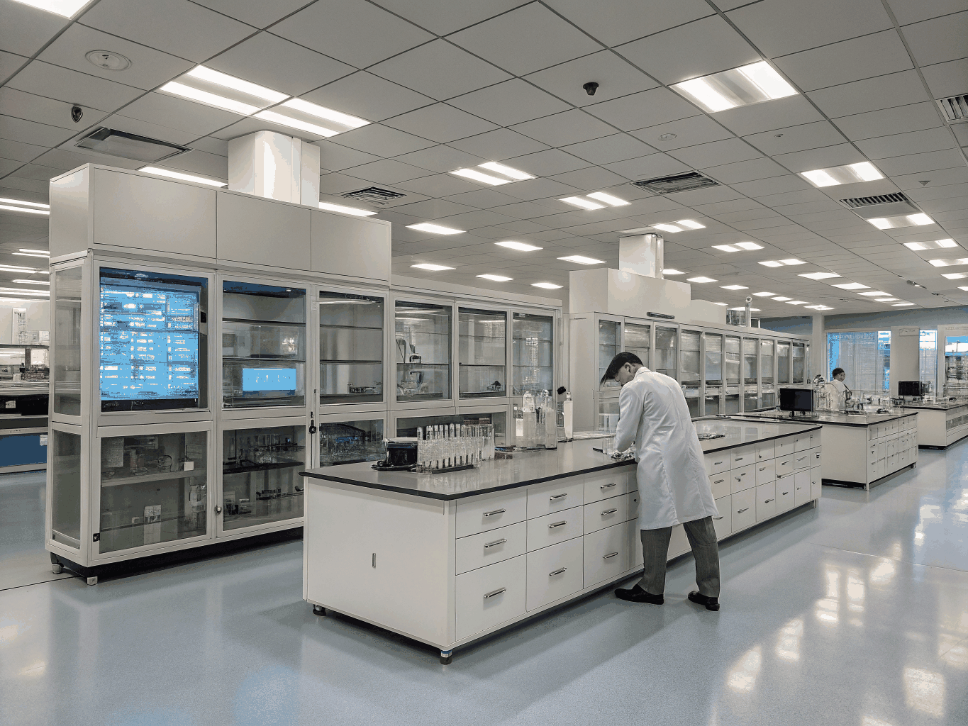 Clinical researcher monitoring encrypted decentralized patient telemetry and medical data streams in a research laboratory setting